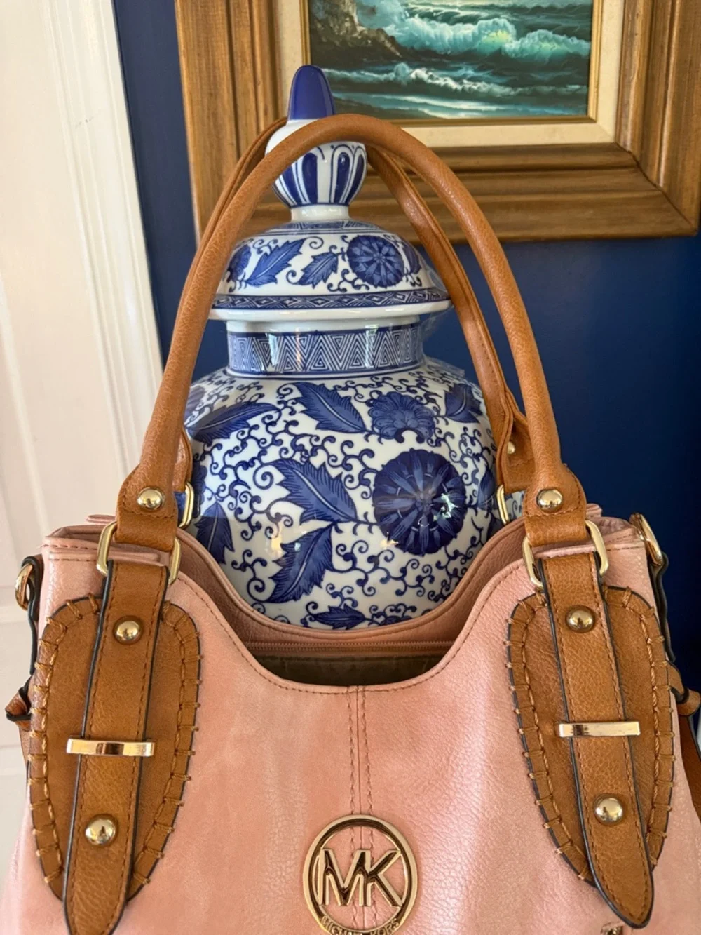 Women’s Michael Kors Dorchester Baby Pink & Tan Leather Hobo Bag Purse